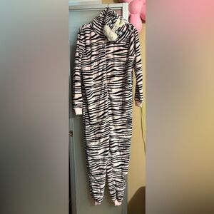 Forever 21 Cat Kitty Pink and Black Zebra Fuzzy Plush Onesie/halloween costume
